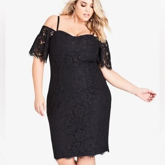 City Chic Black Off the Shoulder Eyelash Lace Sweetheart Plus Dress Women's 20 - Picture 1 of 10